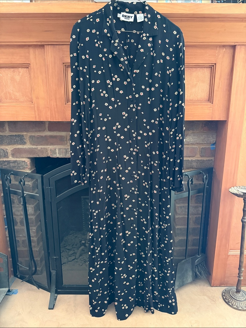 VTG 90s DKNY Black Floral Button-Front Maxi Shirt Dress Fit Flare Friends 8